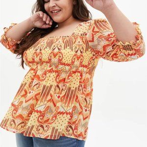 2 for $35 - Torrid Yellow Ikat Chiffon Smocked Babbydoll Top
